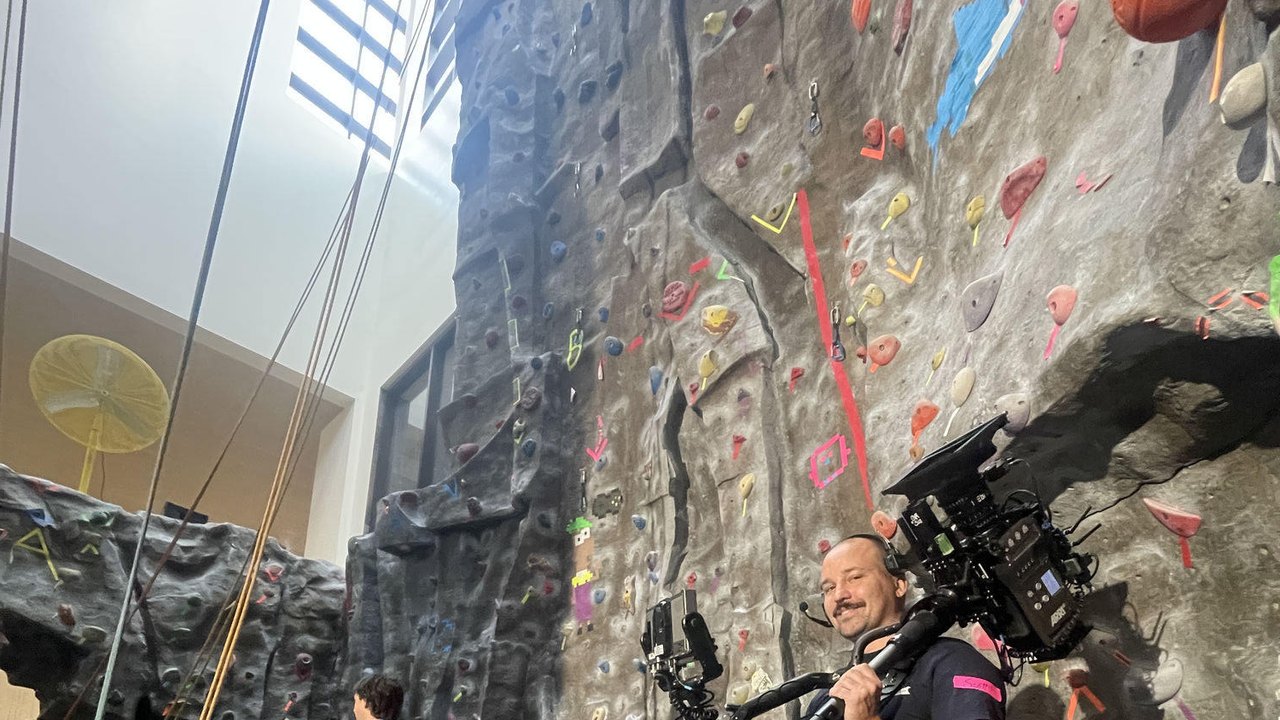 Commercial — steadicam operator on a climbing-gym wall shoot