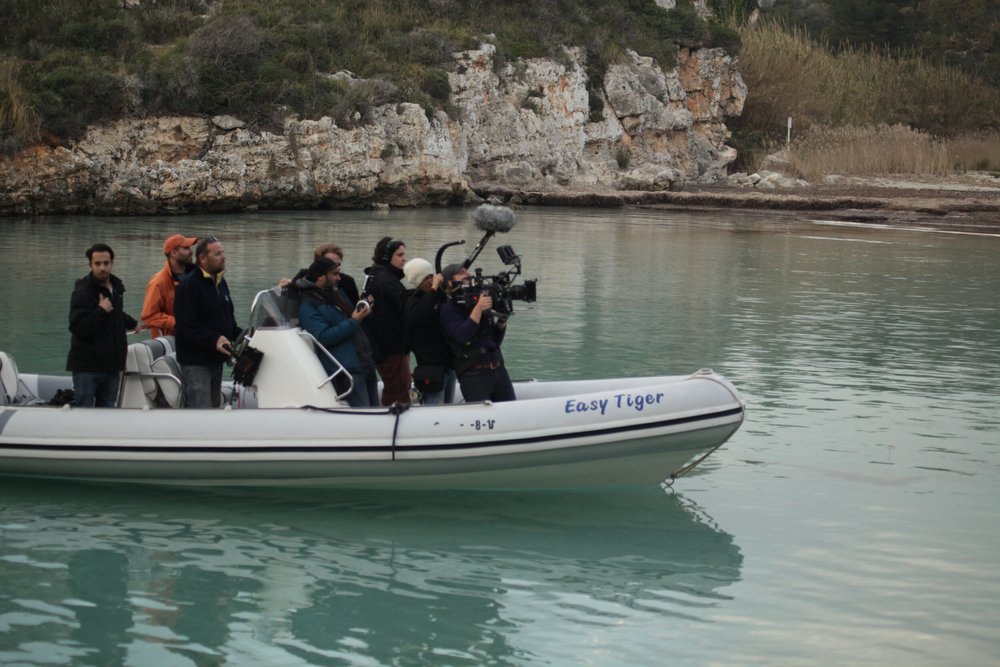 Film — camera crew shooting from a boat off the Menorca coast
